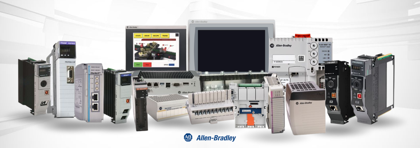 Collection of Allen-Bradley industrial automation modules and drives displayed on a white background