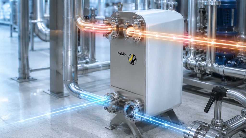 Kelvion-branded industrial processing unit with stainless steel piping and glowing blue and orange beams passing through fittings in a facility
