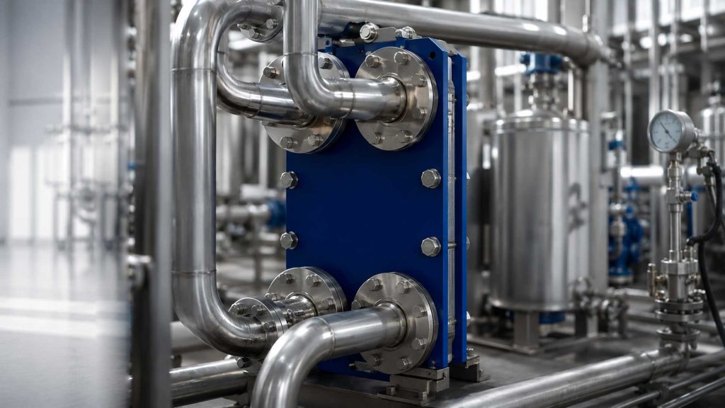 Industrial piping system with polished metal tubes and a blue bolted junction in a factory setting.