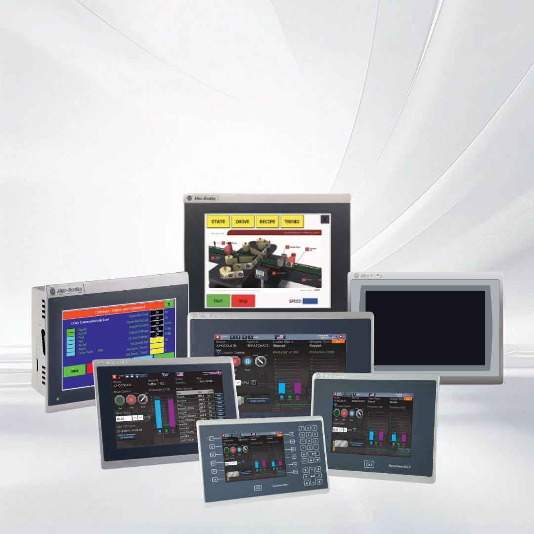 Cluster of industrial touchscreen panels displaying process dashboards and status lights.