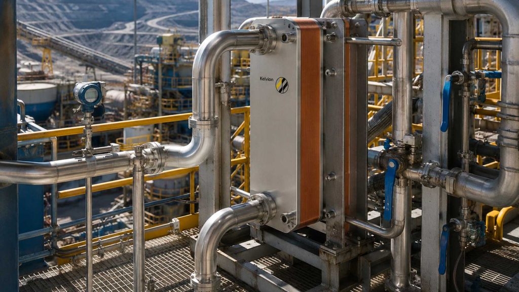 Industrial piping system with valves and a stainless steel heat exchanger in an outdoor plant setting; background shows processing equipment and walkways.