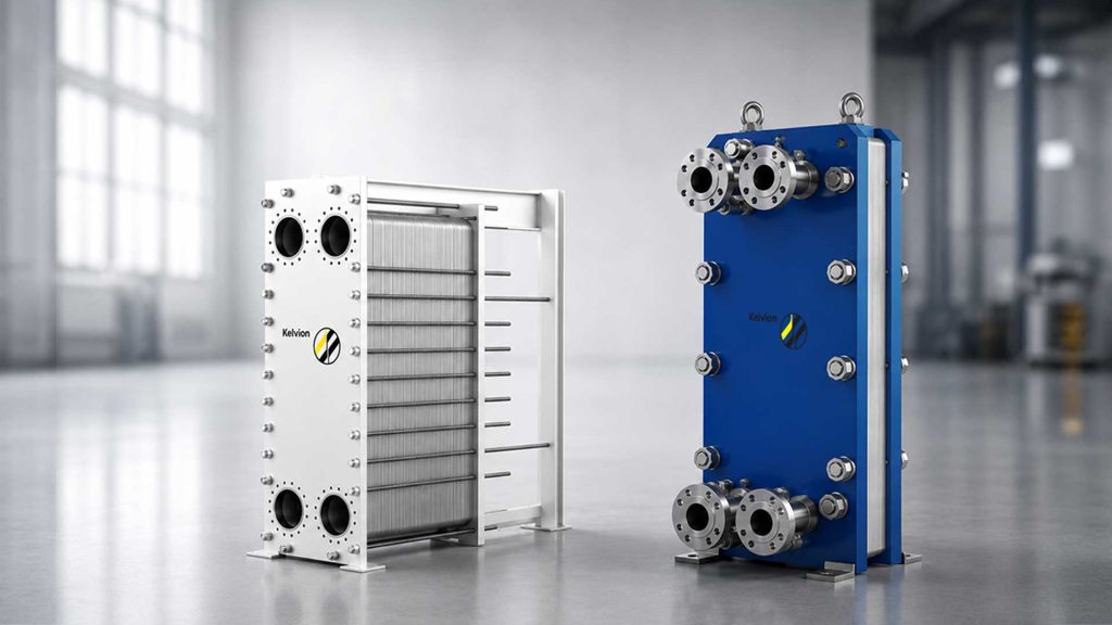 White multi-plate heat exchanger next to a blue Kelvion unit in a bright industrial hall in a factory setting, bolted connections visible.