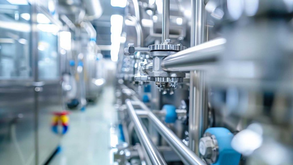 Close-up of stainless steel pipes and valves along a bright industrial processing line in a modern manufacturing facility