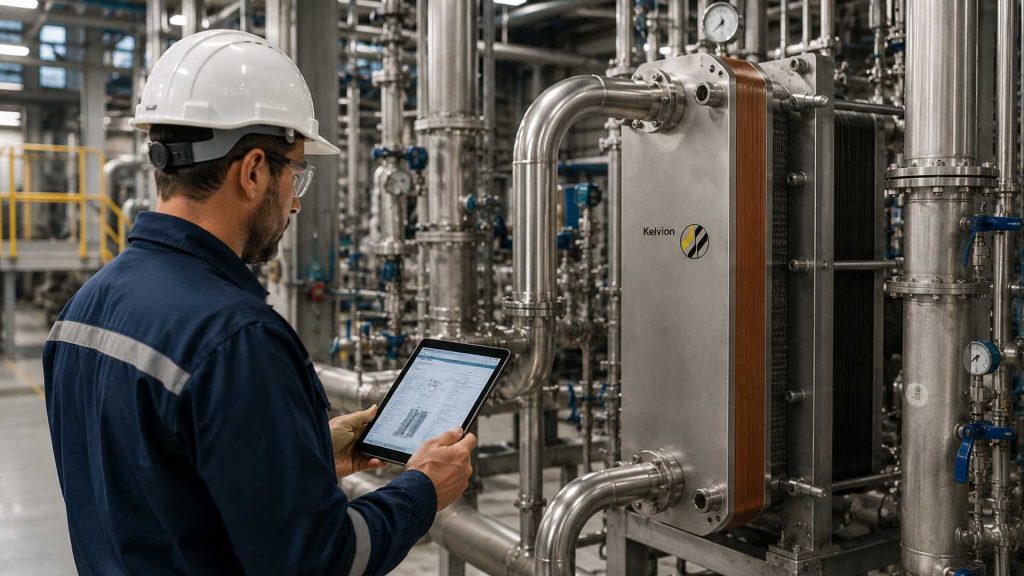 Engineer in hard hat and safety glasses checks a tablet beside stainless steel industrial machinery in a plant setting.