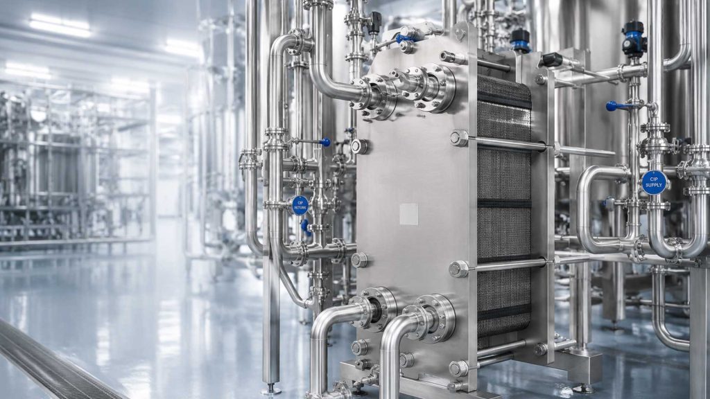 Stainless steel industrial processing rig with interconnected pipes, flanges, and valves in a bright facility.