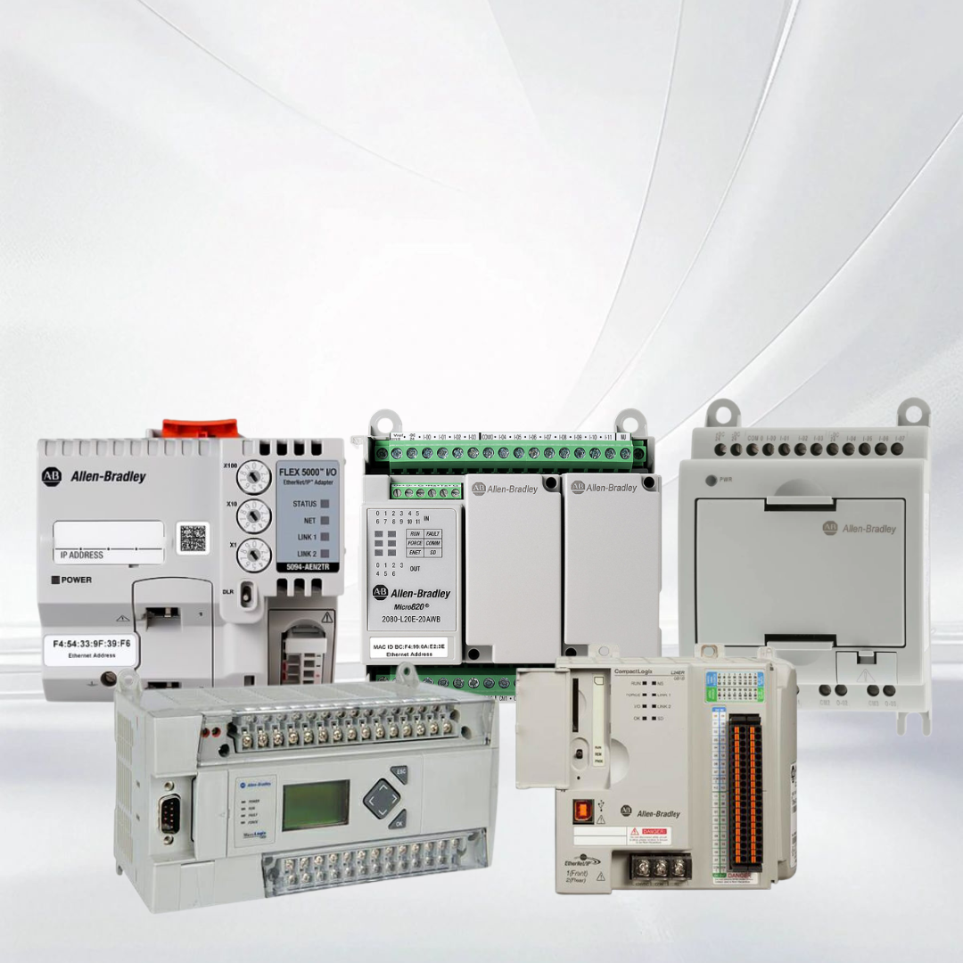 Group of Allen-Bradley PLC modules and controllers arranged on a white background.
