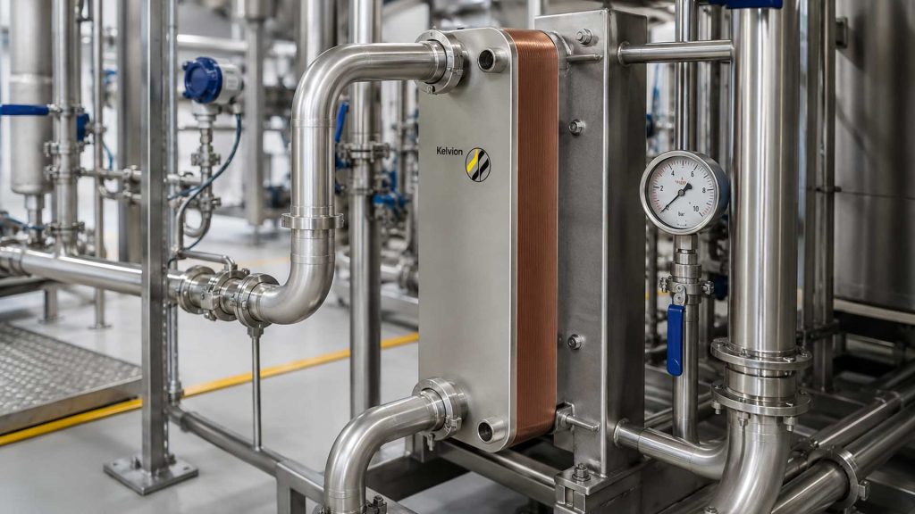 Industrial stainless steel piping and a Kelvion heat-exchanger module with a pressure gauge in an industrial plant.