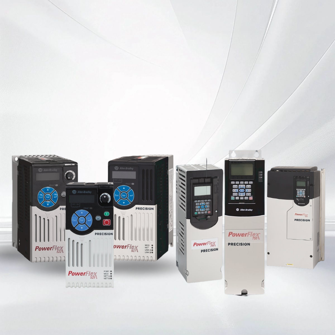 Group of Allen-Bradley PowerFlex Precision industrial drives arranged in a row on a light background.